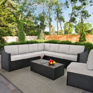 HAPPATIO 10 Piece Patio Conversation Set,All-Weather Patio Furniture Set with Multiple Configuration Options,Rattan Wicker Outdoor Sectional Sofa with Thick Cushions. Easy Setup. (Brown/Gray)