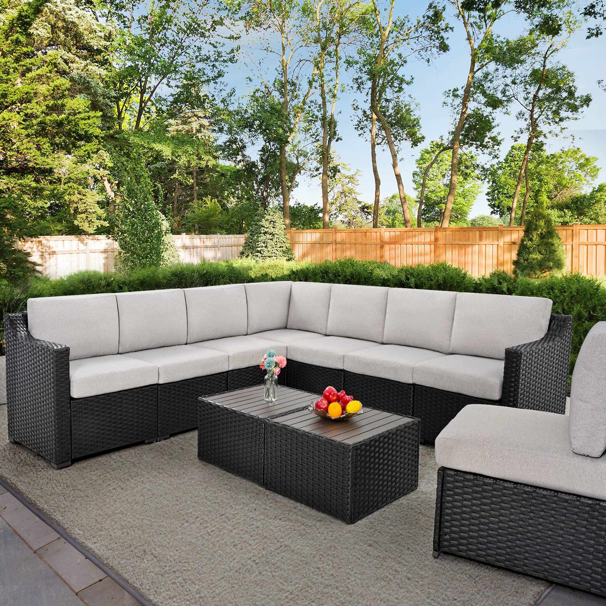 HAPPATIO 10 Piece Patio Conversation Set,All-Weather Patio Furniture Set with Multiple Configuration Options,Rattan Wicker Outdoor Sectional Sofa with Thick Cushions. Easy Setup. (Brown/Gray)