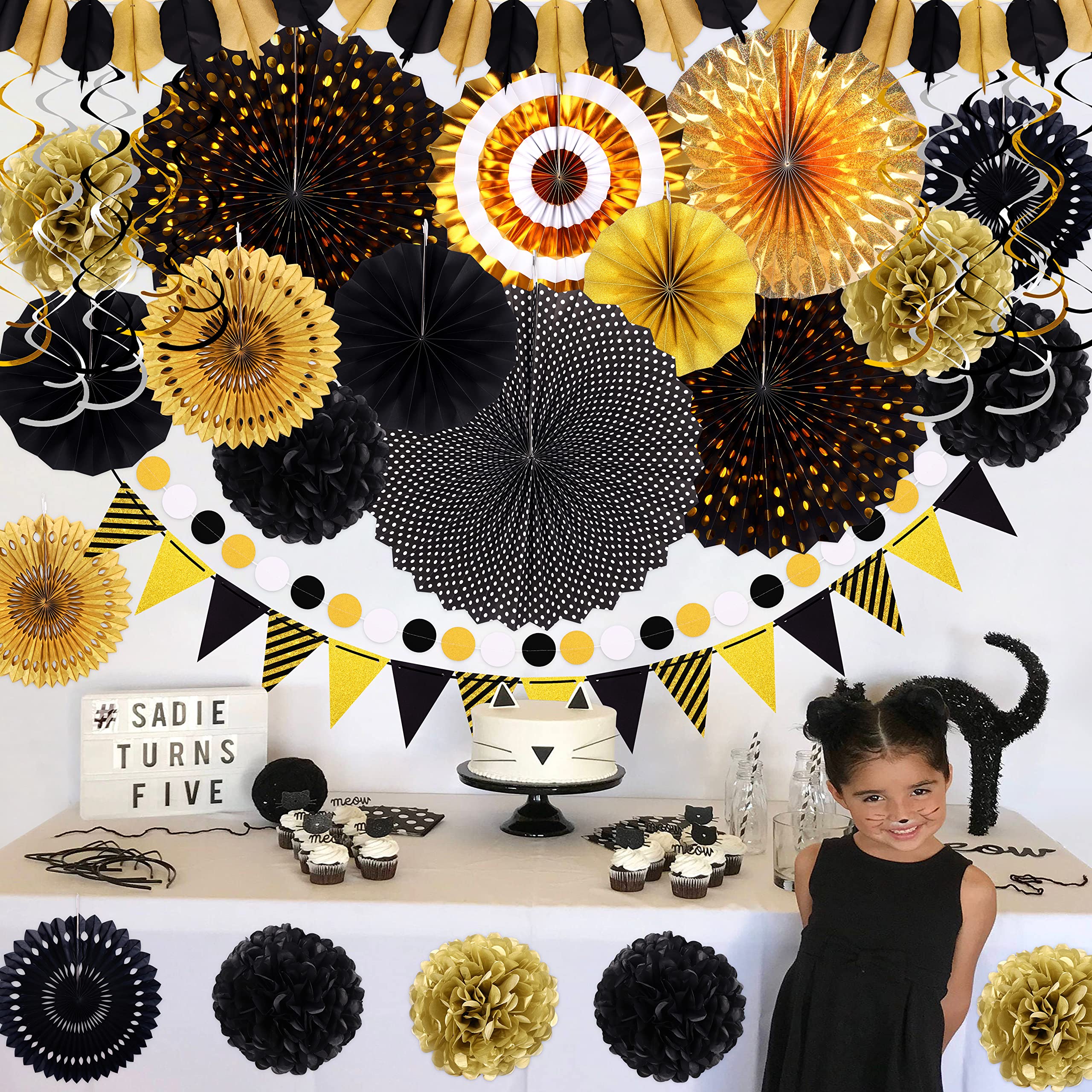 Moon Boat 35PCS Party Decorations Paper Fan Hanging Set - Birthday,Graduation,Baby Shower,Wedding,Retirement,Black and Gold Decor（Black）