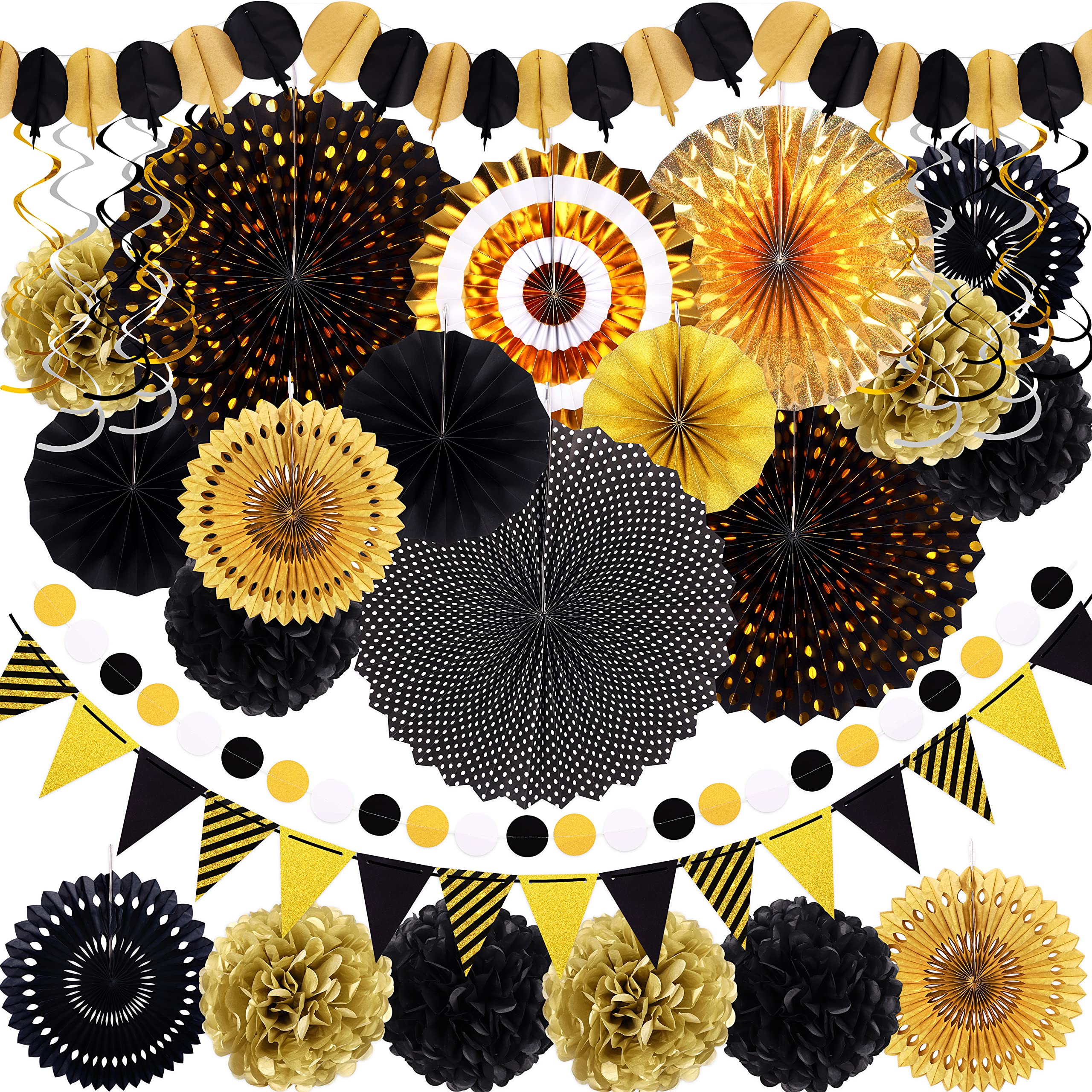 Moon Boat 35PCS Party Decorations Paper Fan Hanging Set - Birthday,Graduation,Baby Shower,Wedding,Retirement,Black and Gold Decor（Black）