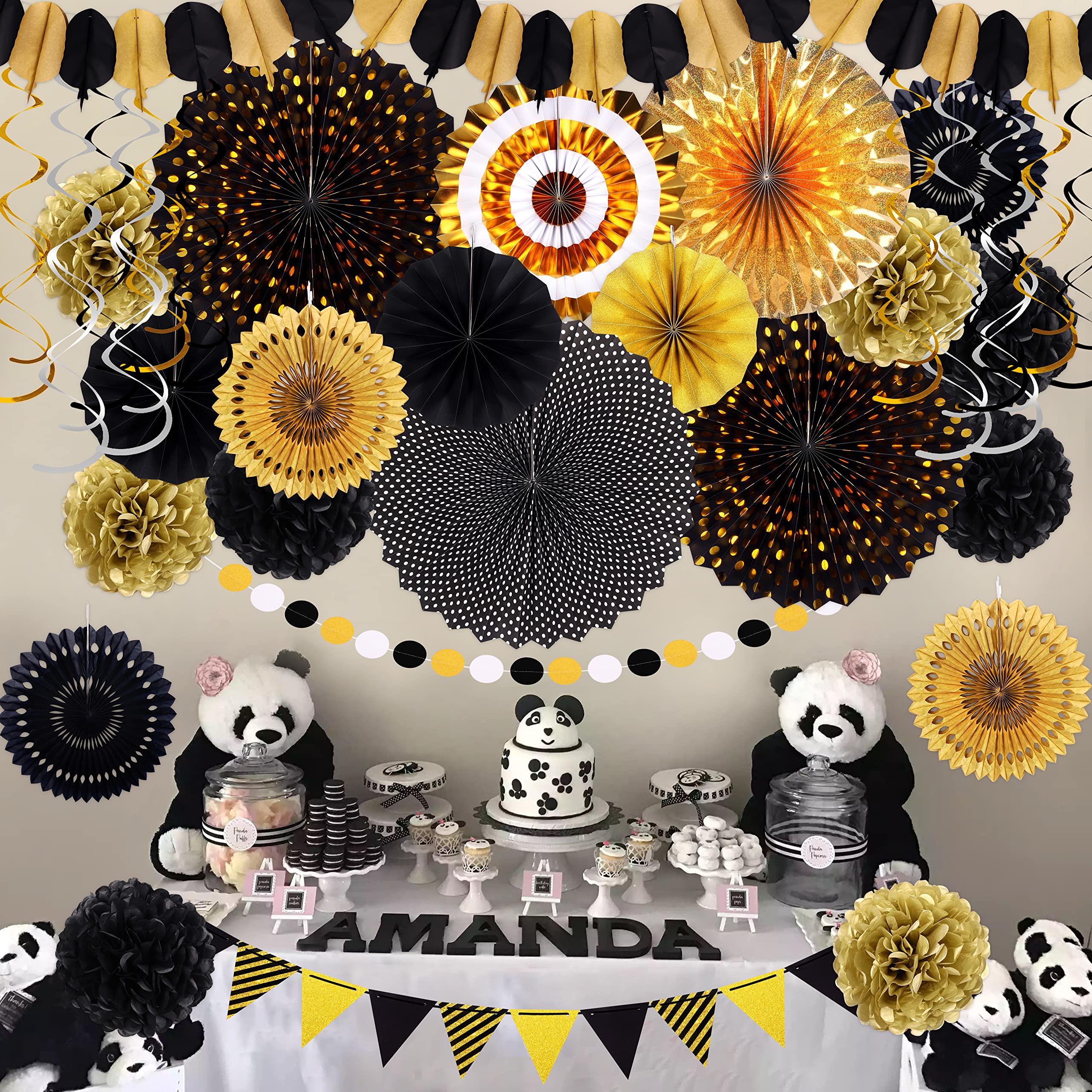 Moon Boat 35PCS Party Decorations Paper Fan Hanging Set - Birthday,Graduation,Baby Shower,Wedding,Retirement,Black and Gold Decor（Black）