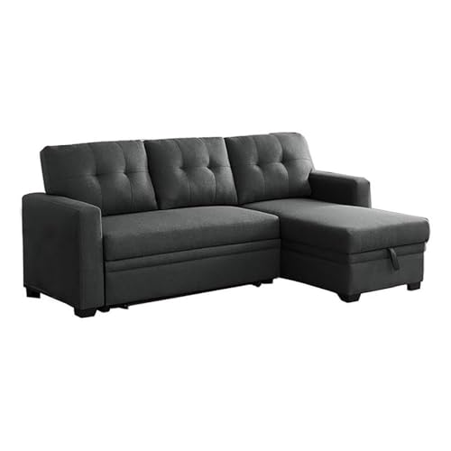 Pemberly Row L-Shaped Transitional Polyester Fabric Reversible, Easy Convertible Pull-Out Sleeper Sectional Sofa/Storage Chaise with Tufted Back Cushions and Track Arms in Dark Gray