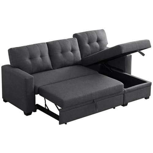 Pemberly Row L-Shaped Transitional Polyester Fabric Reversible, Easy Convertible Pull-Out Sleeper Sectional Sofa/Storage Chaise with Tufted Back Cushions and Track Arms in Dark Gray