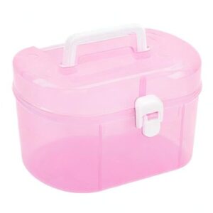 YARNOW Clear Double Layer Plastic Storage Box, 6. 9 x 4. 9 Inch Portable Handled Storage Case, Multipurpose Organizer with Removable Tray for Stationery Art Craft (Pink)