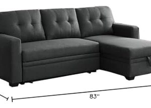 Pemberly Row L-Shaped Transitional Polyester Fabric Reversible, Easy Convertible Pull-Out Sleeper Sectional Sofa/Storage Chaise with Tufted Back Cushions and Track Arms in Dark Gray