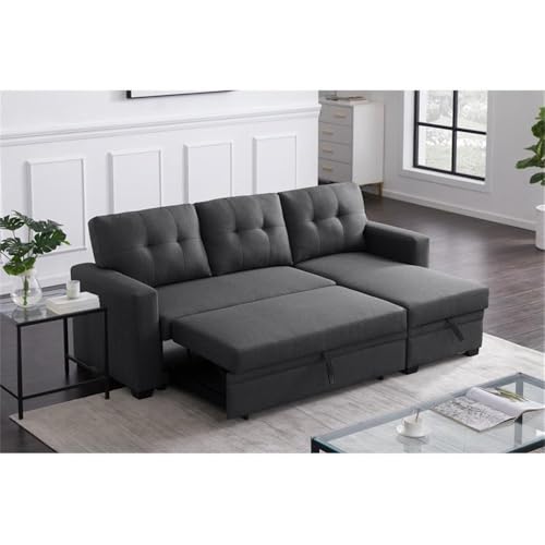 Pemberly Row L-Shaped Transitional Polyester Fabric Reversible, Easy Convertible Pull-Out Sleeper Sectional Sofa/Storage Chaise with Tufted Back Cushions and Track Arms in Dark Gray