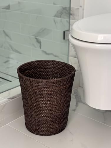 Kouboo Loma Round Rattan Paper Waste Basket, Trash Can Bathroom, Garbage Bin, Bedroom, Kitchen, Office, Home Desk Small Wicker Bin for Waste, Paper, Espresso