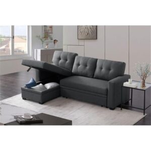 Pemberly Row L-Shaped Transitional Polyester Fabric Reversible, Easy Convertible Pull-Out Sleeper Sectional Sofa/Storage Chaise with Tufted Back Cushions and Track Arms in Dark Gray