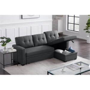 Pemberly Row L-Shaped Transitional Polyester Fabric Reversible, Easy Convertible Pull-Out Sleeper Sectional Sofa/Storage Chaise with Tufted Back Cushions and Track Arms in Dark Gray