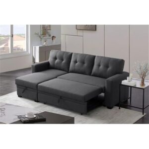 Pemberly Row L-Shaped Transitional Polyester Fabric Reversible, Easy Convertible Pull-Out Sleeper Sectional Sofa/Storage Chaise with Tufted Back Cushions and Track Arms in Dark Gray