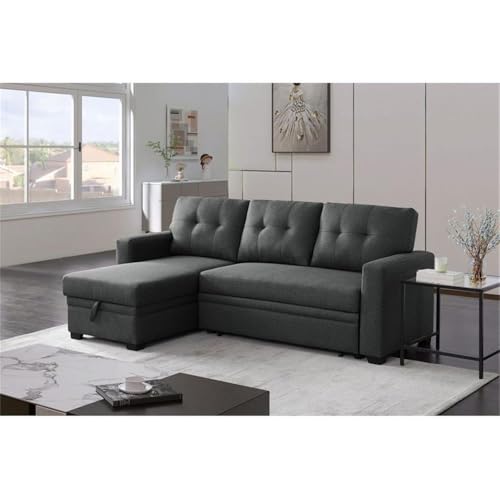 Pemberly Row L-Shaped Transitional Polyester Fabric Reversible, Easy Convertible Pull-Out Sleeper Sectional Sofa/Storage Chaise with Tufted Back Cushions and Track Arms in Dark Gray