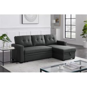 Pemberly Row L-Shaped Transitional Polyester Fabric Reversible, Easy Convertible Pull-Out Sleeper Sectional Sofa/Storage Chaise with Tufted Back Cushions and Track Arms in Dark Gray