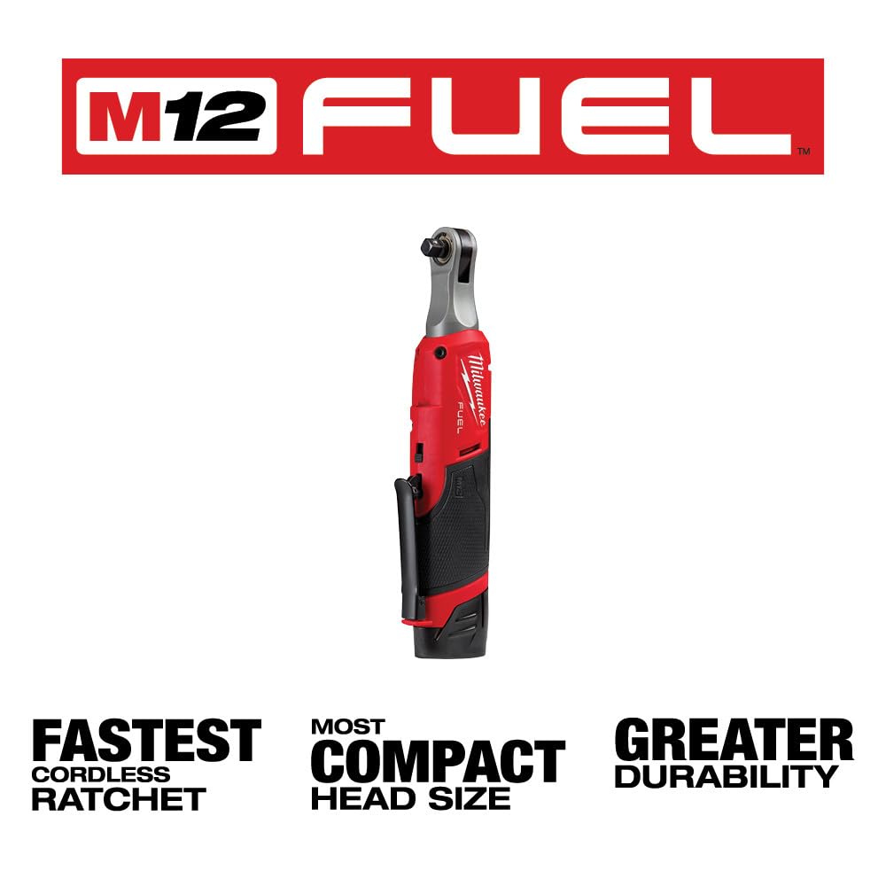 Milwaukee M12 FUEL 12-Volt Lithium-Ion Brushless Cordless High Speed 3/8 in. Ratchet Kit w/(2) Batteries, Charger and Bag