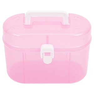 yarnow clear double layer plastic storage box, 6. 9 x 4. 9 inch portable handled storage case, multipurpose organizer with removable tray for stationery art craft (pink)