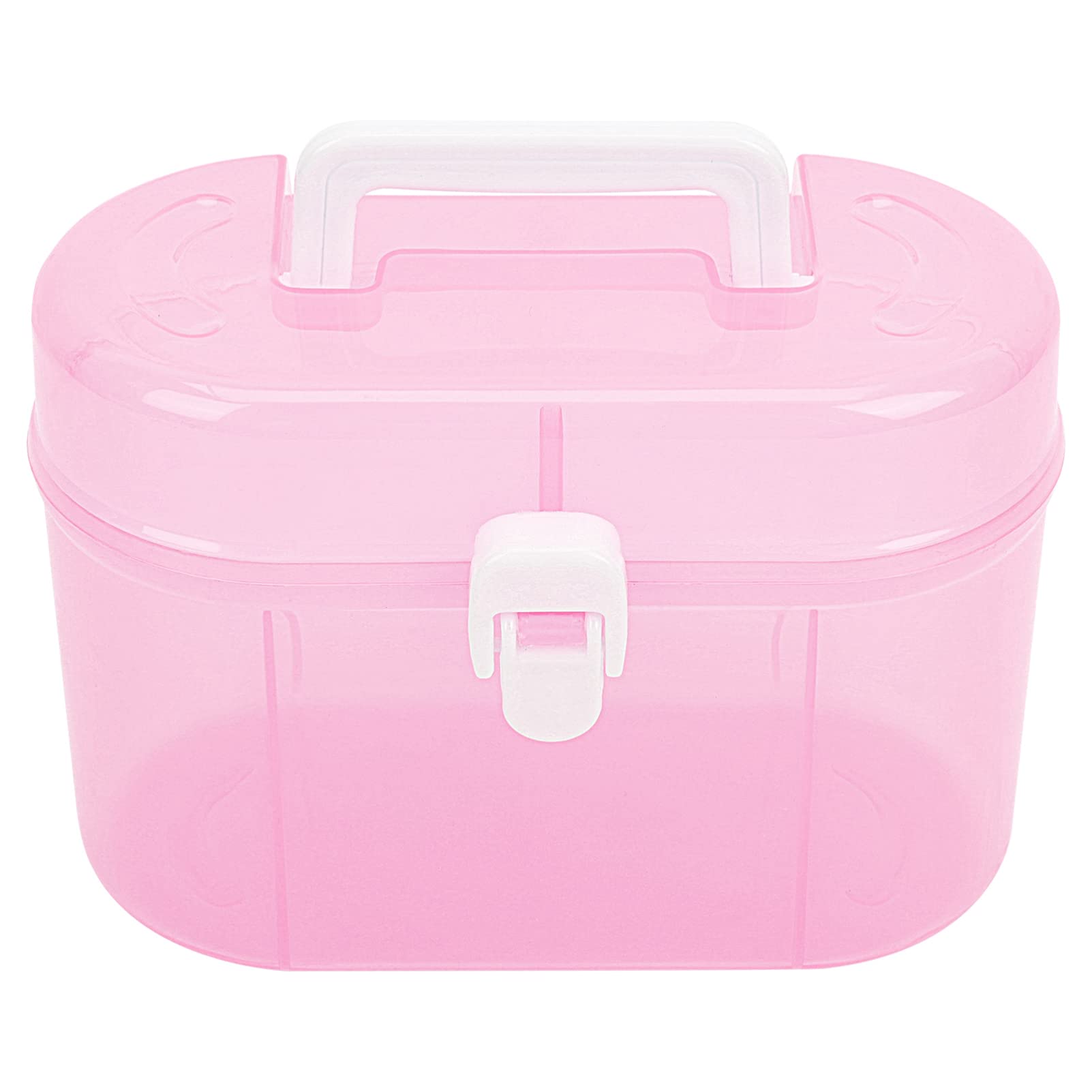 YARNOW Clear Double Layer Plastic Storage Box, 6. 9 x 4. 9 Inch Portable Handled Storage Case, Multipurpose Organizer with Removable Tray for Stationery Art Craft (Pink)