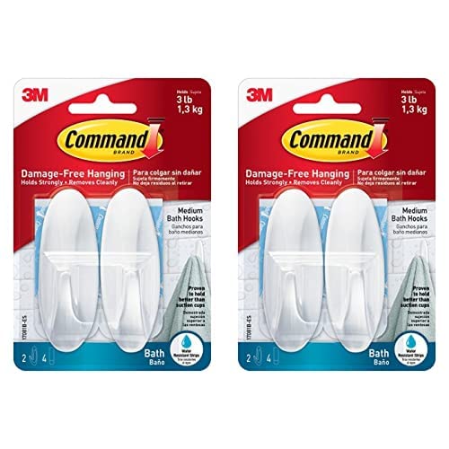 Command Medium Designer Bath Hooks, White, 2-Hooks, 4-Water-Resistant Strips, Organize Damage-Free (Pack of 2)