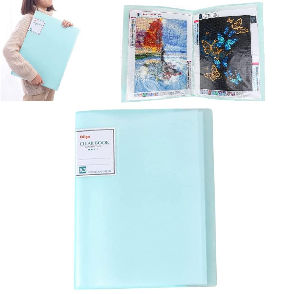 A3 30 Pags Diamond Painting Storage Book, Painting Storage Book 30 Clear Pockets Sleeves Protectors Art Portfolio Book, Display Book, Clear View A3 Document Folder for Painting Presentation (Green)