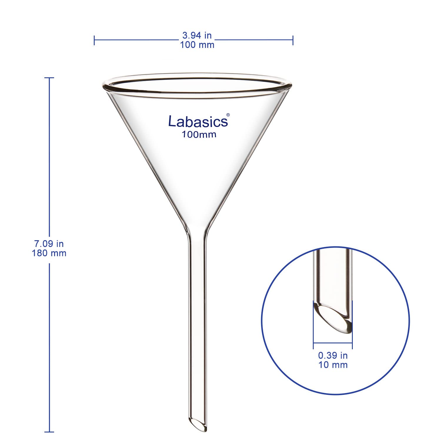 Labasics 2-Pack Glass Heavy Wall Funnel Borosilicate Glass Funnel, Short Stem 100 mm Diameter, 100 mm Stem Length