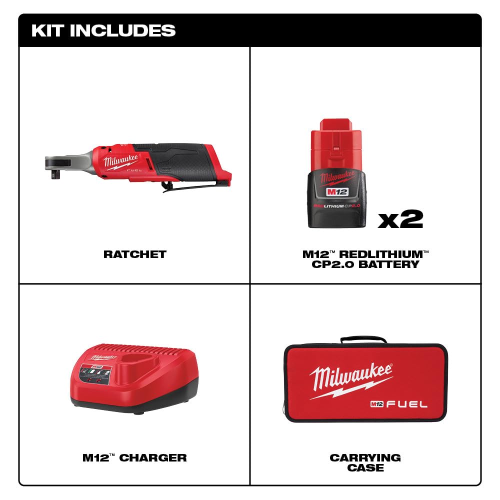 Milwaukee M12 FUEL 12-Volt Lithium-Ion Brushless Cordless High Speed 3/8 in. Ratchet Kit w/(2) Batteries, Charger and Bag