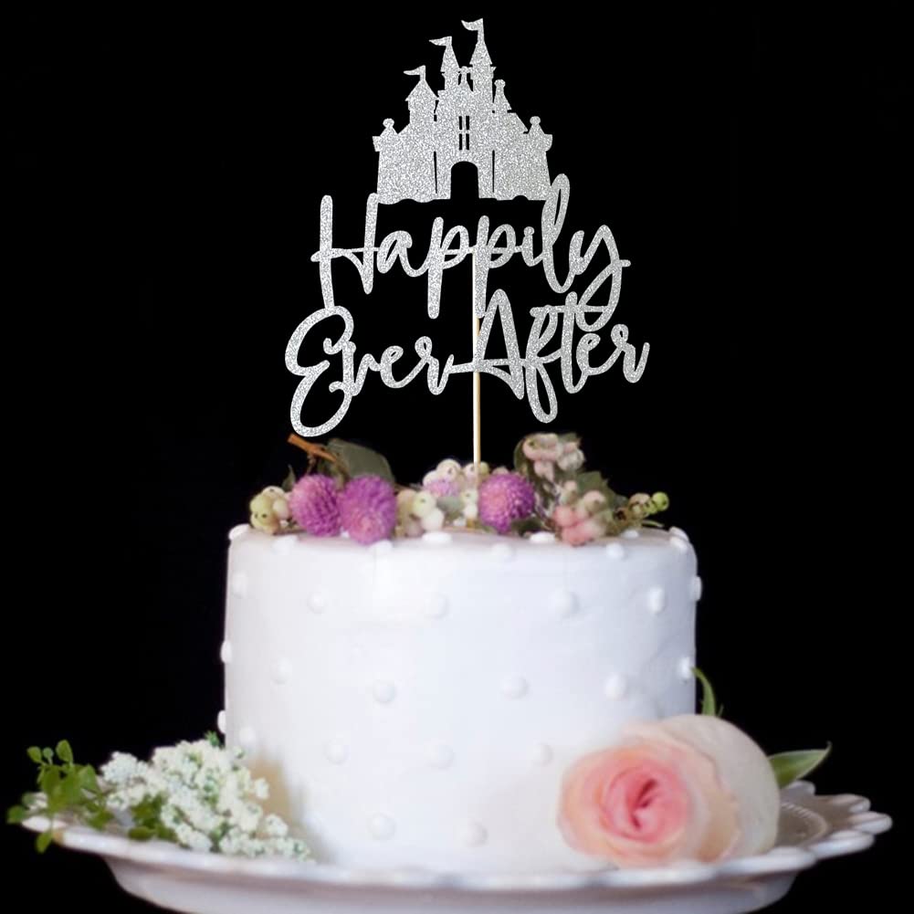 Happily Ever After with Castle Cake Topper Cinderella Castle Wedding Cake Decoor Engagement Bridal Shower Party Decorations Silver Glitter