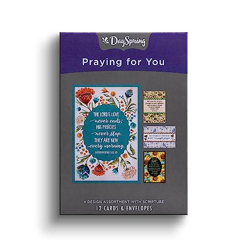 DaySpring - The Lord's Love Never Ends - 4 Floral Desgin Assortment with Scripture - 12 Boxed Praying for You Cards & Envelopes (J9176)