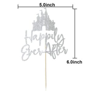 Happily Ever After with Castle Cake Topper Cinderella Castle Wedding Cake Decoor Engagement Bridal Shower Party Decorations Silver Glitter