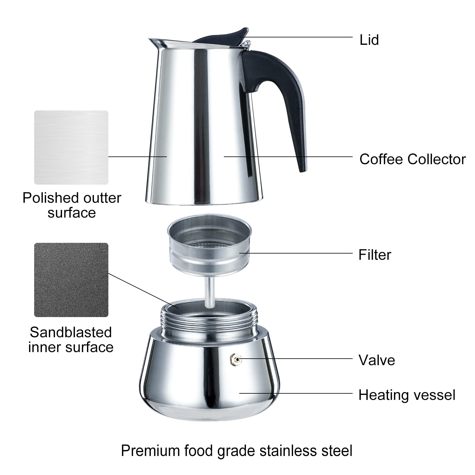 Simyolife Stovetop Espresso Maker Stainless Steel Italian Coffee Maker Moka Pot Induction-Capable Moka Coffee Machine Cafe Percolator Maker, Silver (9-Cups, 15oz/450ML)-Mother's Day Gifts