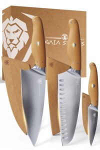 dalstrong 3pc knife set - gaia series - chef knife, santoku knife, paring knife - high-density wood fiber handle - gift sustainable and eco-friendly kitchen - w/sheaths