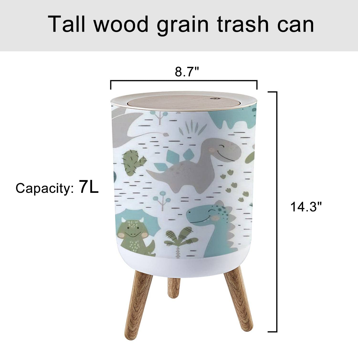 KCDCYCZEAL Small Trash Can with Lid Dinosaur Baby boy Seamless Sweet Dino with Palm and Cactus Round Recycle Bin Press Top Dog Proof Wastebasket for Kitchen Bathroom Bedroom Office 7L/1.8 Gallon