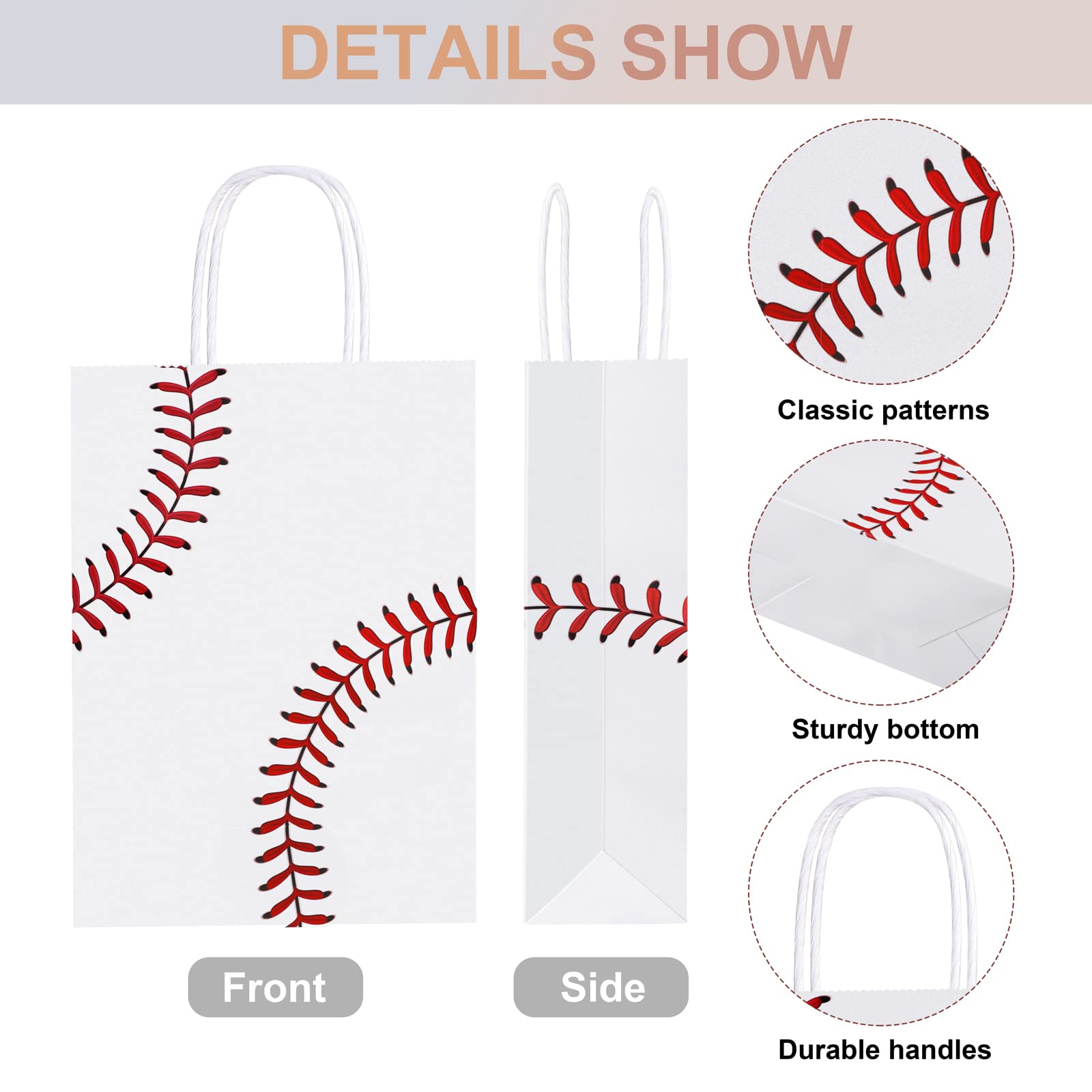 durony 16 Pieces Baseball Party Favor Bags with Handles Tissue Paper Baseball Gift Paper Bags Goodie Candy Treat Bags for Birthday, Baseball Themed Party Supplies (8.6 x 6.2 x 3.1 Inches)