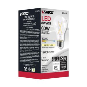 Satco S12415-8 Watt LED A19; Clear; Medium Base; 3000K 2 LED Bulbs