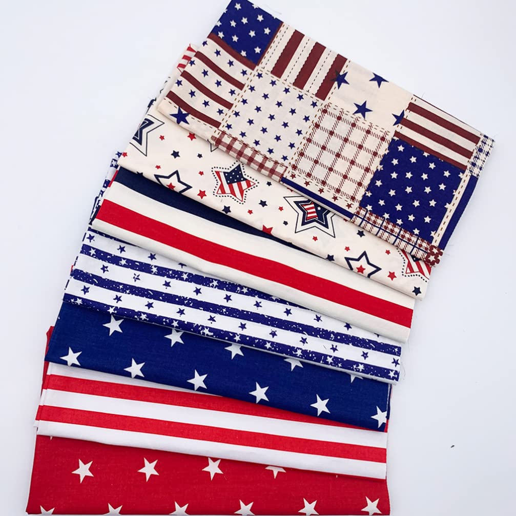 American Flag Cotton Fabric Patchworks: 7pcs Quilting Independence Stripe US Flag Sewing Fabrics Patriotic Decoration for Independence Day 25x25cm