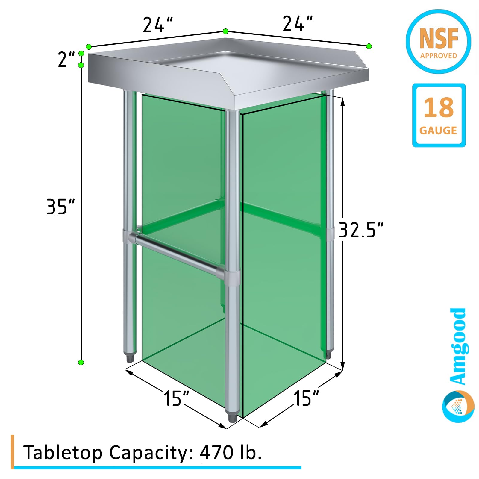 AmGood Commercial Work Table Open Base with Backsplash and Side Splashes | Stainless Steel Prep Table for Kitchen, Restaurant, Garage, Laundry | NSF (24" Width x 24" Length)