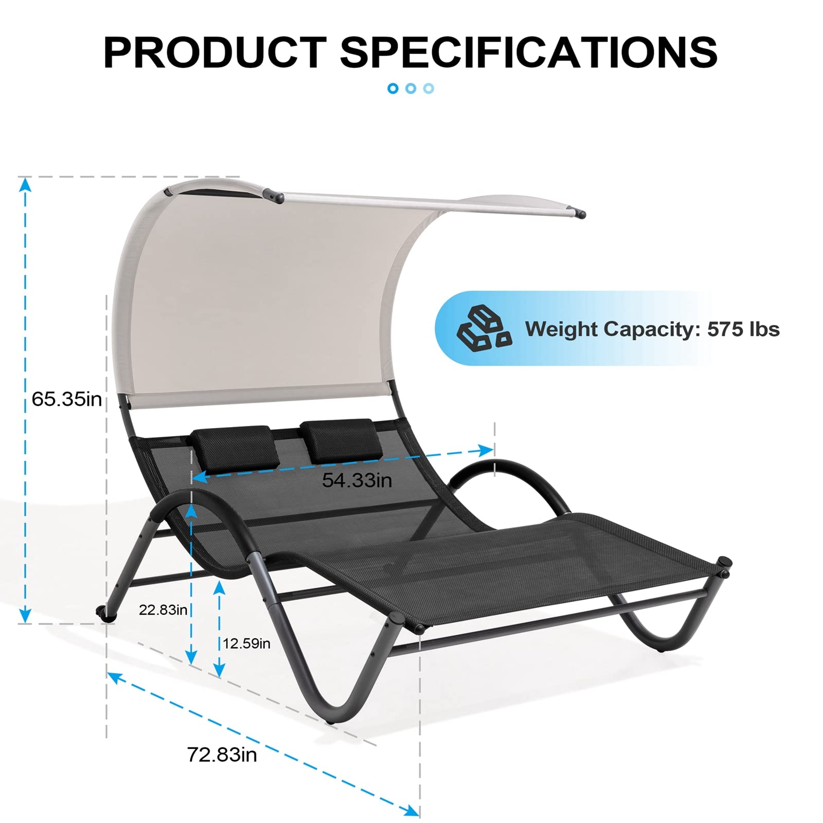 Crestlive Products Outdoor Double Chaise Lounge with Canopy, Wheels and Headrests, 2 Person Patio Rocking Lounge Chair for Poolside, Backyard, Garden (Gray)