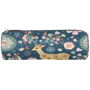 Flower Deer Bird Canvas Pencil Case for Pen Pouch Bag, Durable Compact with Zipper Round Pencil Case, Stationery Organizer Bag Purse for Kids Girls Boys School Adults Office