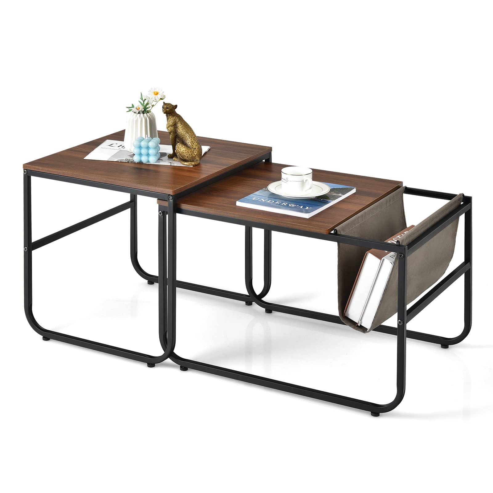 Giantex Nesting Coffee Table Set of 2, Stackable Side Table w/Side Pocket, Accent Nightstand, Industrial End Table w/Steel Frame for Living Room Bedroom Office, Easy Assembly, Rustic Brown