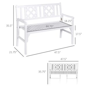 Outsunny 4FT Wooden Outdoor Garden Bench for 2, Portable Folding Loveseat 2-Seater Chair with Backrest, Armrests and Slat Seat, White