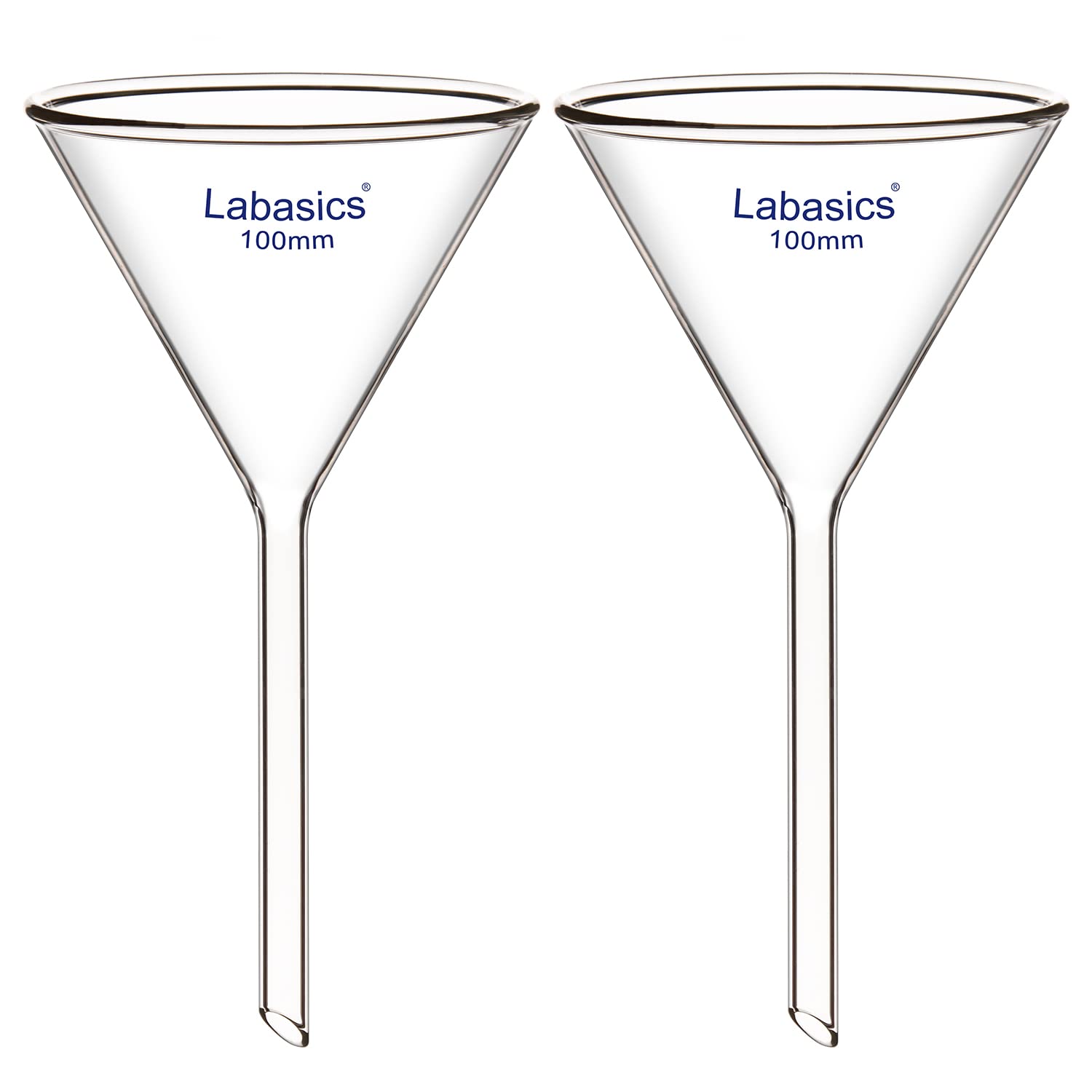 Labasics 2-Pack Glass Heavy Wall Funnel Borosilicate Glass Funnel, Short Stem 100 mm Diameter, 100 mm Stem Length