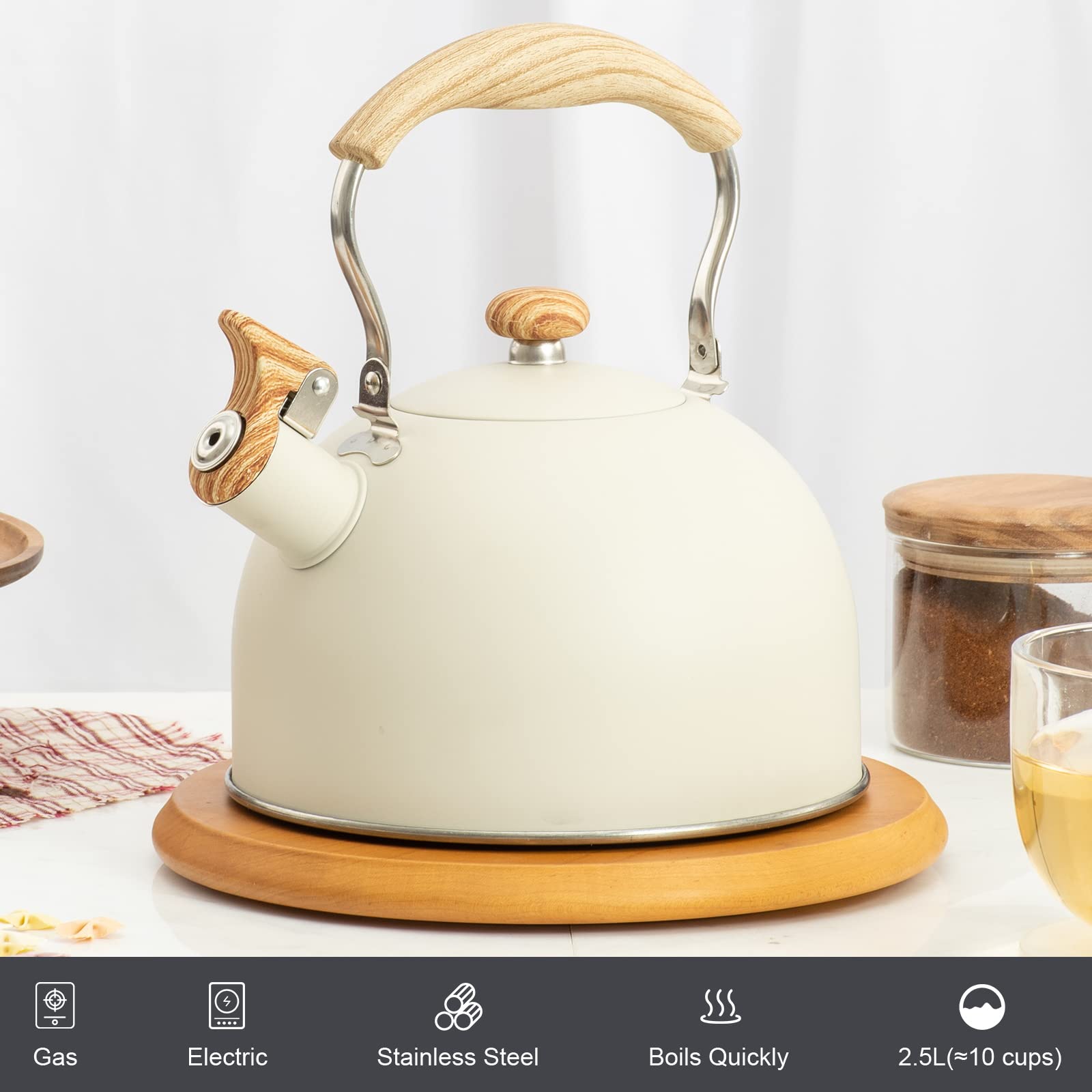 2.6 Quart/2.5 L Whistling Tea Kettles with Wood Grain adjustment Nylon Handle, Capsule Base Tea Kettle, White (White)