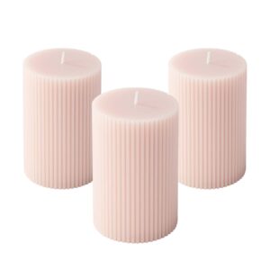 3-Pack Pink Beige Ribbed Pillar Candles Unscented, 2.75x4 Inches Whisper Pink Beige Candles Handmade, Aesthetic Decorative Textured Candle Set for Home Décor