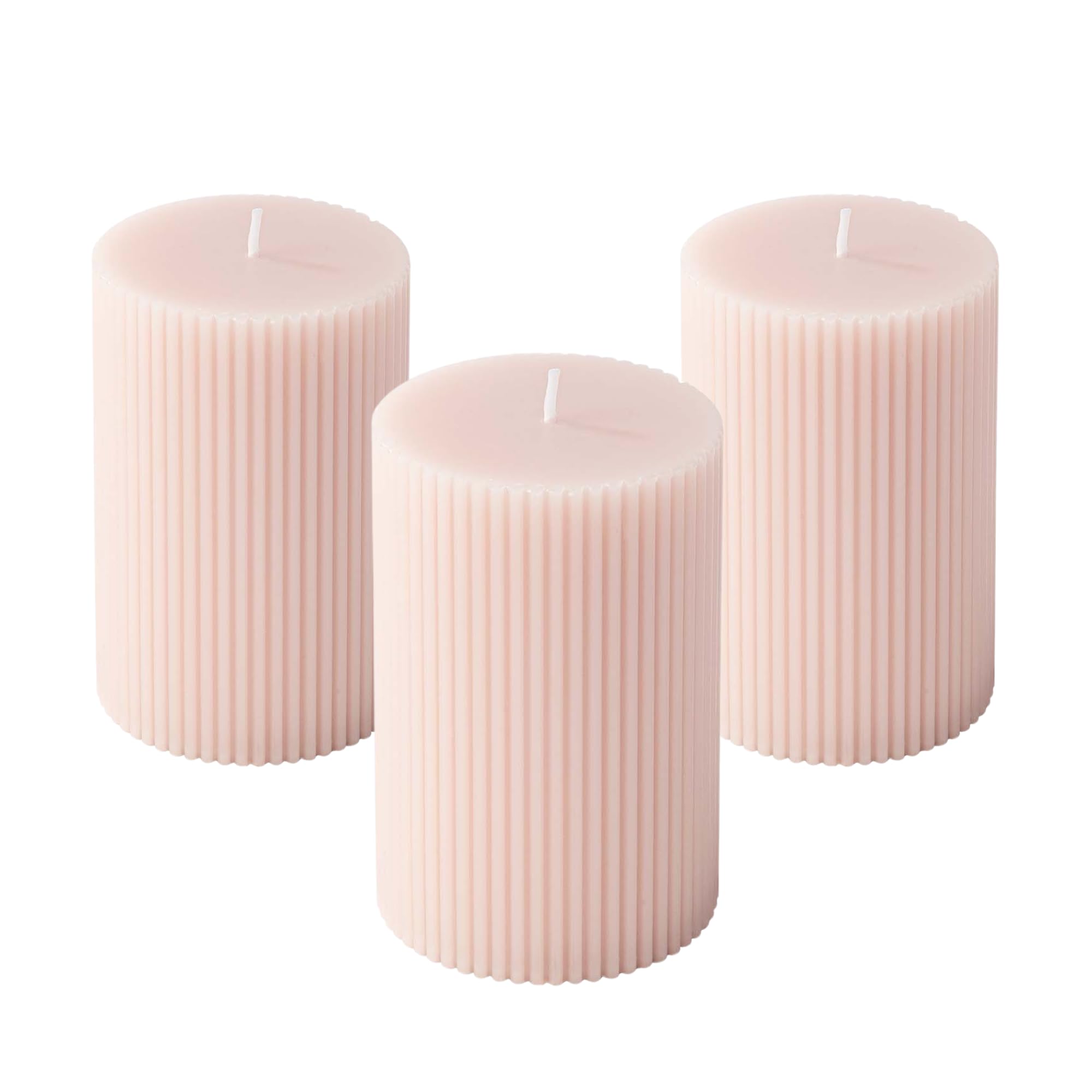 3-Pack Pink Beige Ribbed Pillar Candles Unscented, 2.75x4 Inches Whisper Pink Beige Candles Handmade, Aesthetic Decorative Textured Candle Set for Home Décor