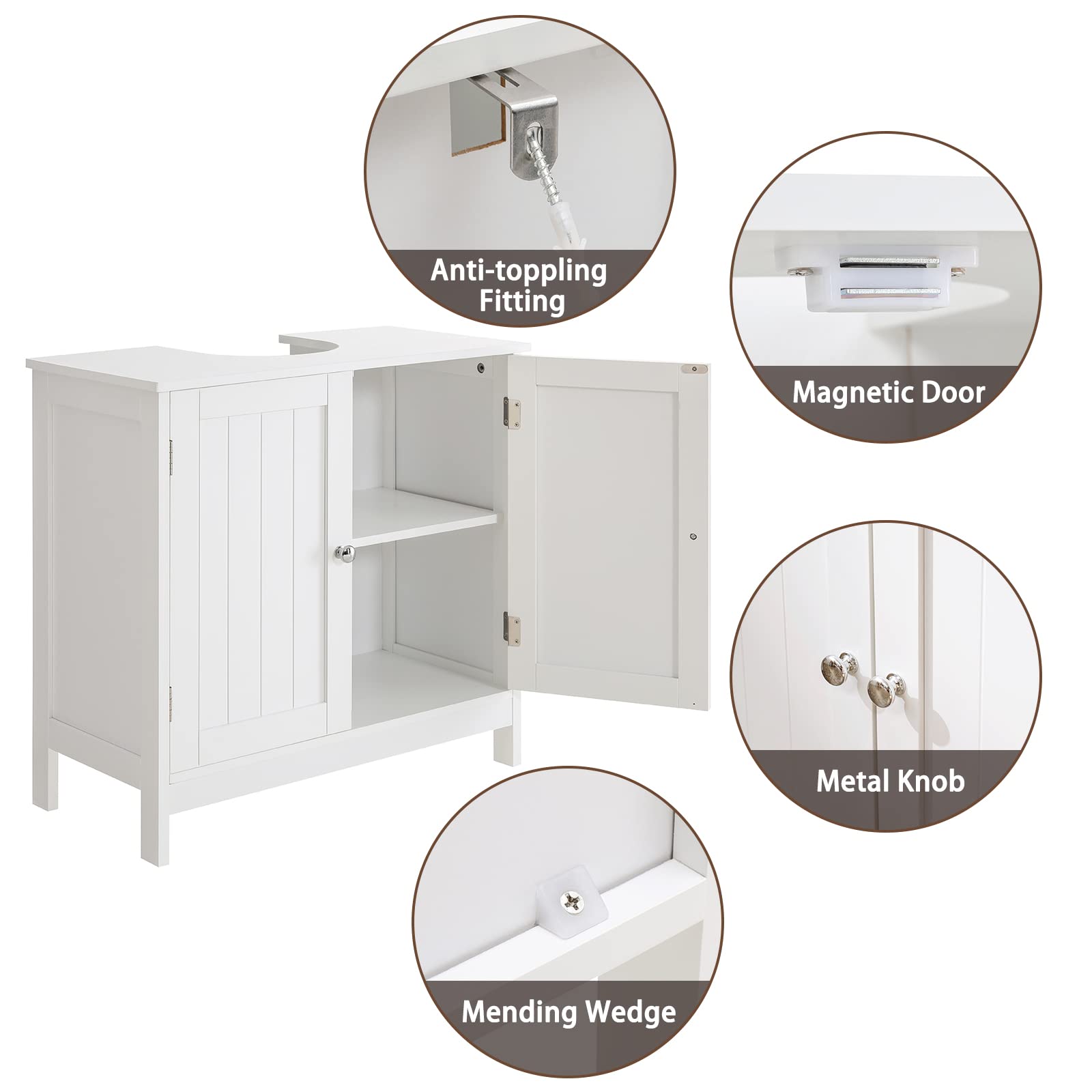 Iwell Pedestal Sink Storage Cabinet with 2 Doors and Shelf, Under Sink Cabinet, Bathroom Sink Cabinet with U-Shape, White