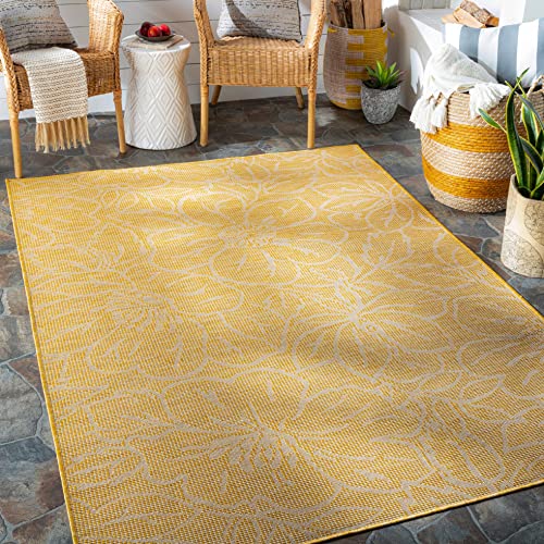 Mark&Day Outdoor Rugs, 8x10 Broekoord Traditional Indoor/Outdoor Bright Yellow Area Rug, Non Shedding Yellow Grey Carpet for Patio, Porch, Deck, Bedroom, Living Room or Kitchen (7'8" x 10')