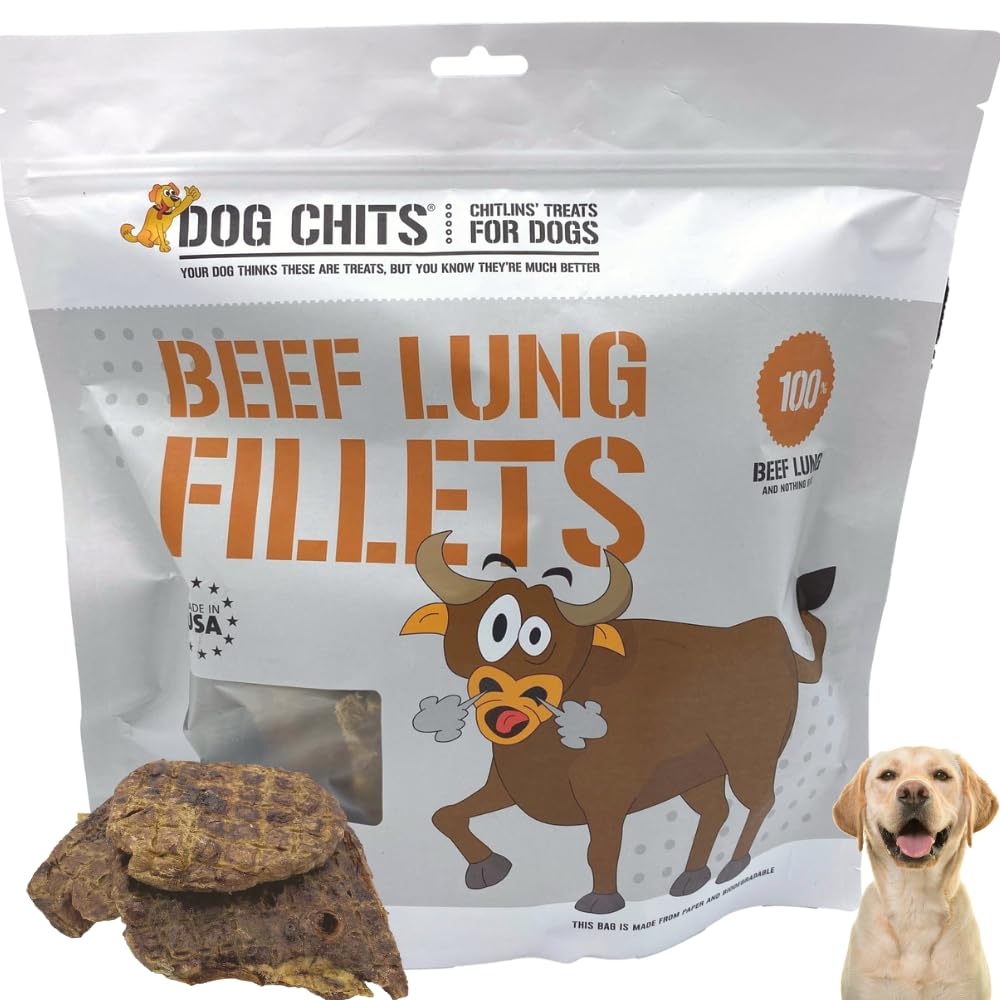 Dog Chits Beef Lung Fillets Dog and Puppy Treats - New! - All Natural Grain and Chemical Free Training Chews - High Protein and Low Fat - Supports Dental Health - Made in The USA - Large 10 oz Bag