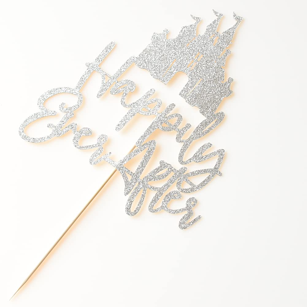 Happily Ever After with Castle Cake Topper Cinderella Castle Wedding Cake Decoor Engagement Bridal Shower Party Decorations Silver Glitter