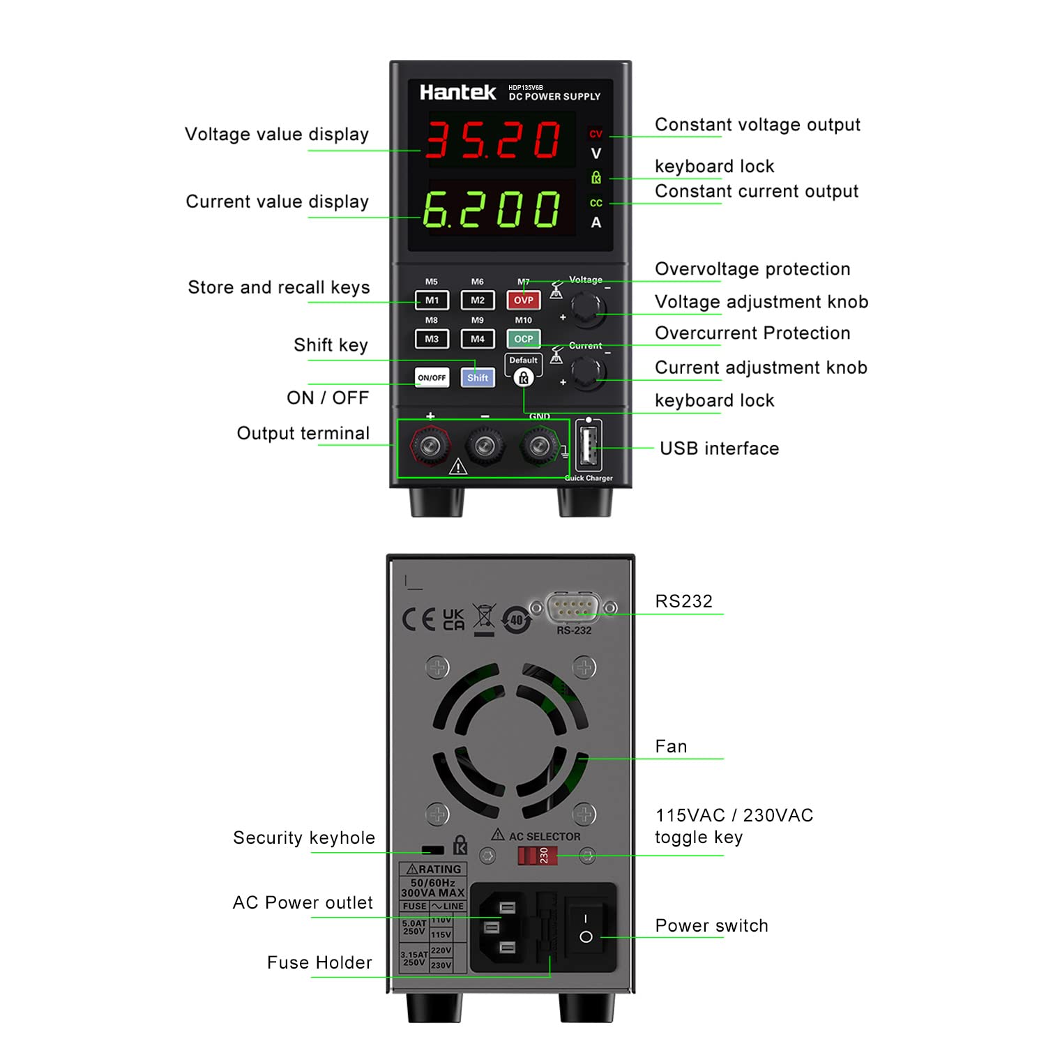 Hantek DC Power Supply Variable,35V 6A 4 Digit Display Voltage and Current Adjustable Switching Regulated Bench Power Supply with Memory 10 Groups (35V-6A-4 Digital Display)