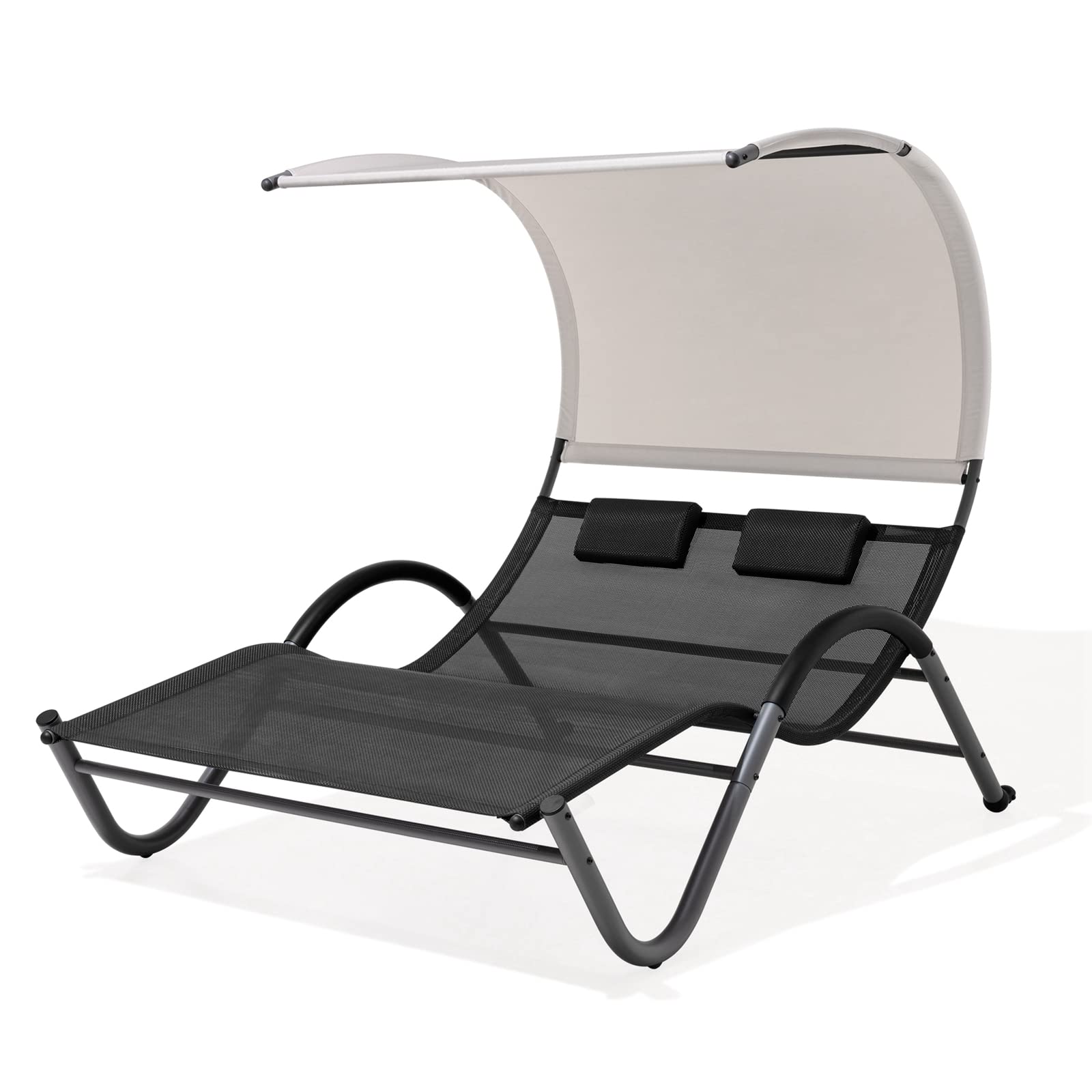 Crestlive Products Outdoor Double Chaise Lounge with Canopy, Wheels and Headrests, 2 Person Patio Rocking Lounge Chair for Poolside, Backyard, Garden (Gray)