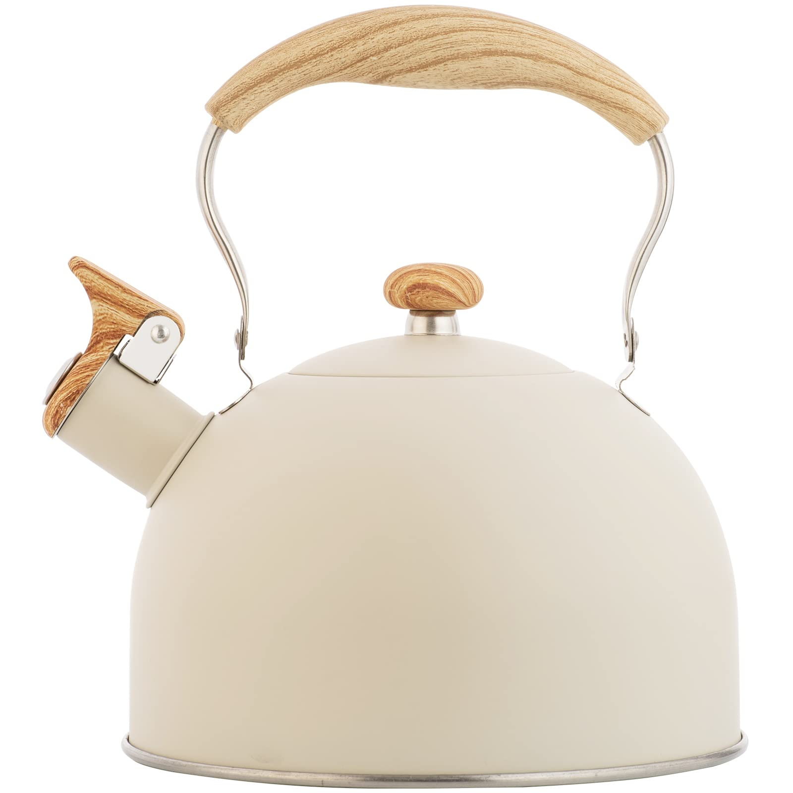 2.6 Quart/2.5 L Whistling Tea Kettles with Wood Grain adjustment Nylon Handle, Capsule Base Tea Kettle, White (White)