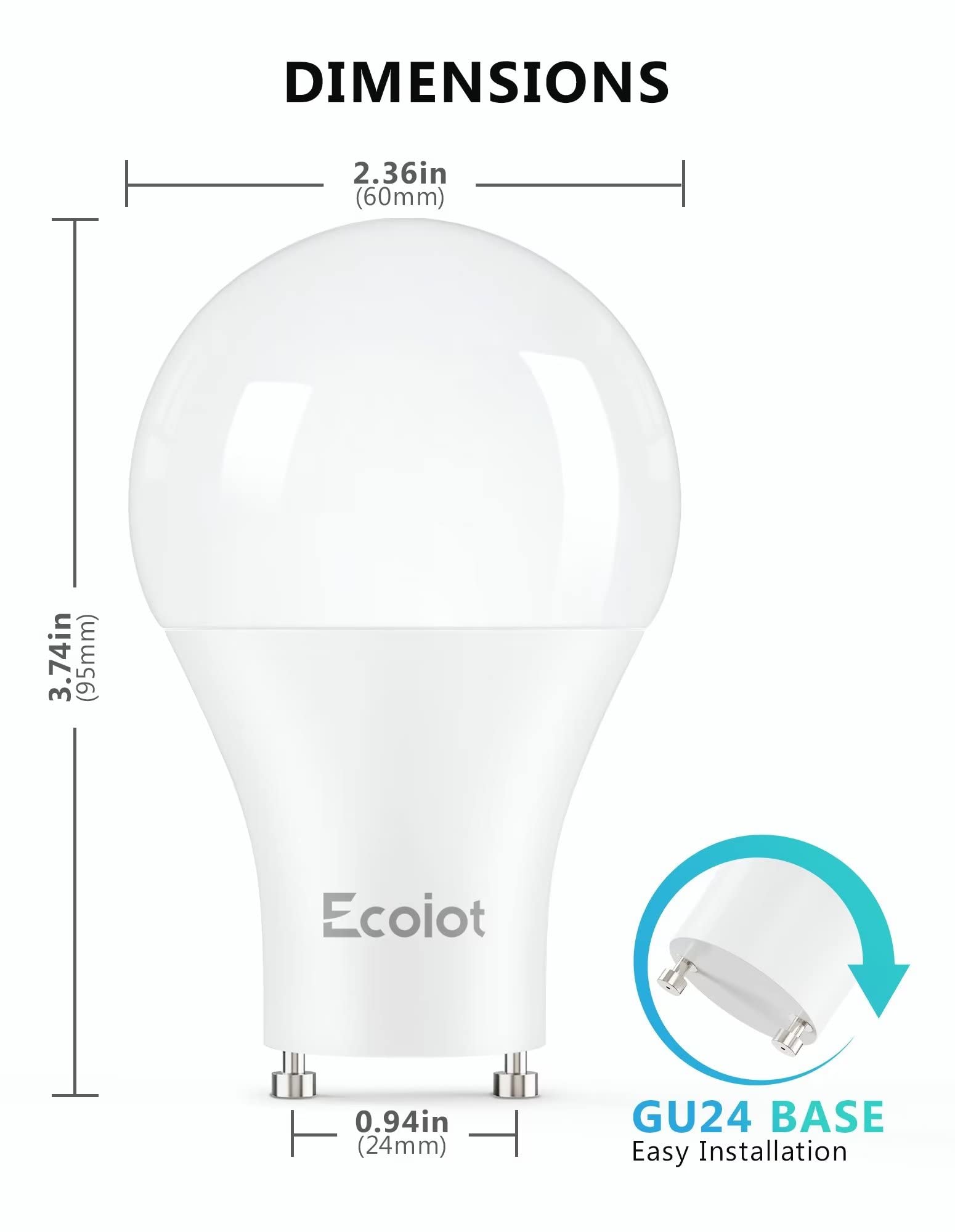 Ecoiot GU24 Dusk to Dawn Outdoor Light Bulbs,Light Sensor A19 LED Bulbs,Photocell Sensor, Automatic On/Off for Indoor/Outdoor Security Lighting,10Watt(90Watt Equivalent),2700K Soft White,4 Pack