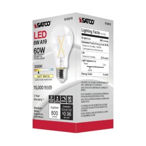 Satco S12415-8 Watt LED A19; Clear; Medium Base; 3000K 2 LED Bulbs